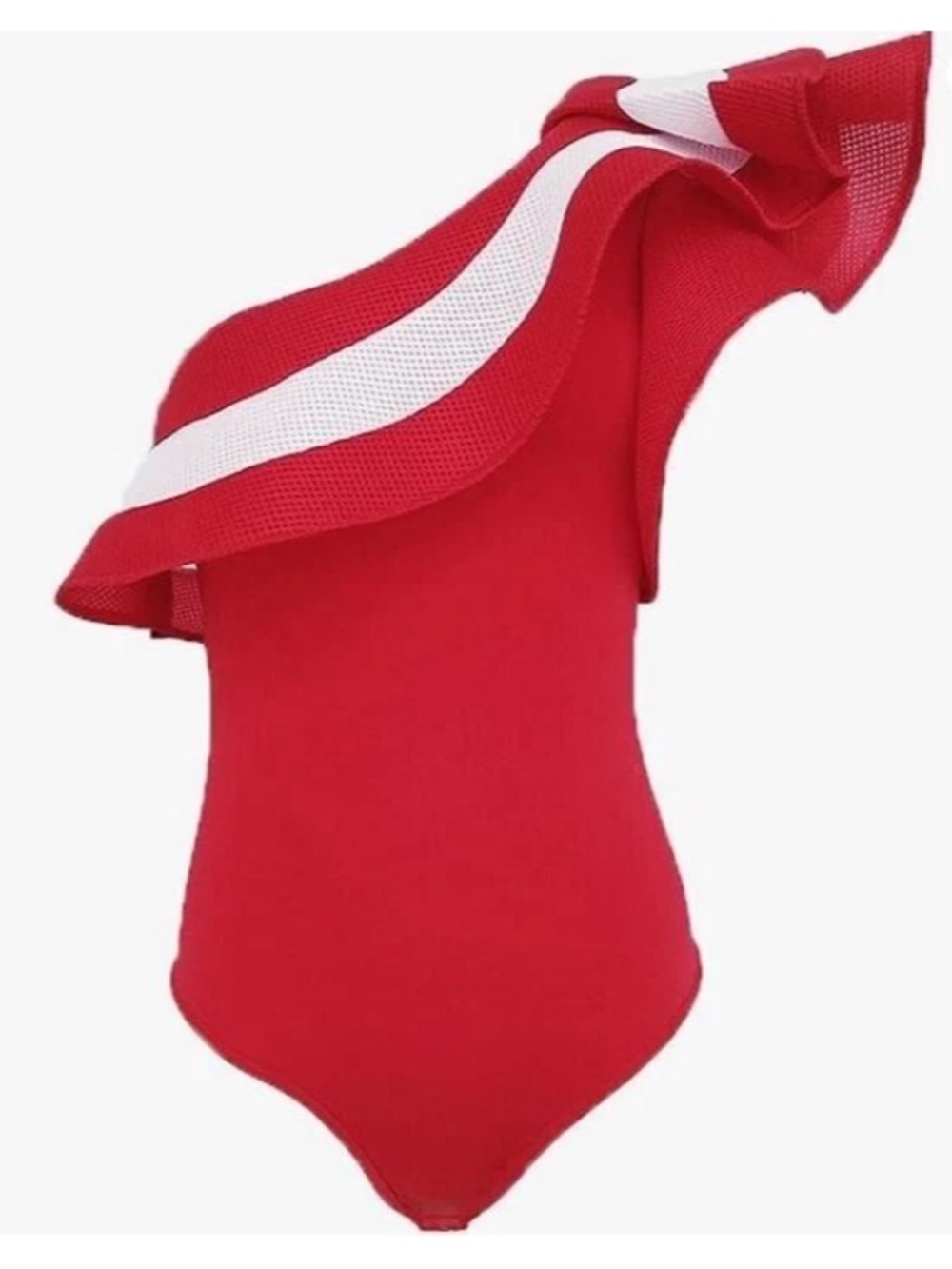One Shoulder Women’s Bodysuit Red/White Flounce Ruffled Mesh Swimsuit Large - Picture 3 of 8